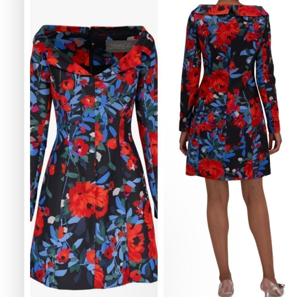 LELA ROSE Black Multi Open Neck Seamed Mini Dress Size 12 NWT $1590